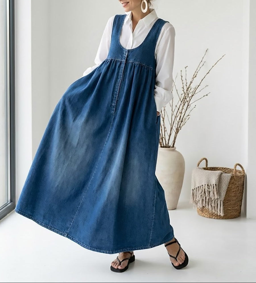 Robe maxi en denim vintage Danoir Paris, douce et lavée, portée par un mannequin, détails du tissu et coupe élégante visible.