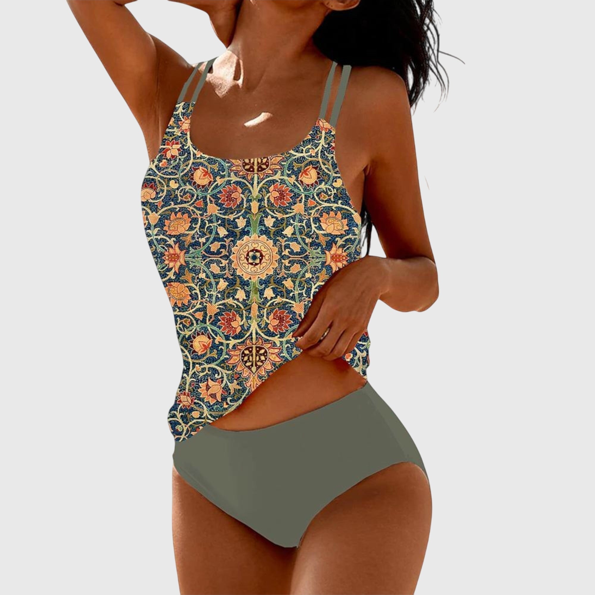 Ensemble de maillots de bain Lina de Danoir Paris en bleu, vue de face, tissu extensible et détails élégants.