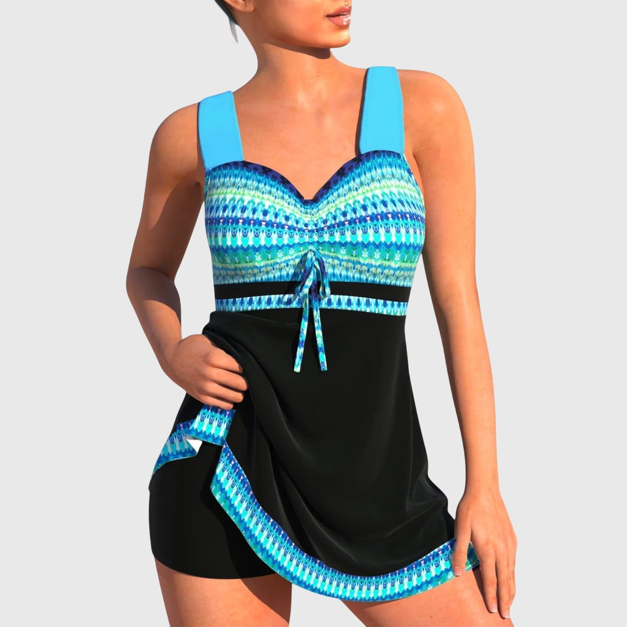 Maillot de bain deux pièces coloré Danoir Paris, haut et bas en tissu bleu avec motifs vibrants, vue de face.