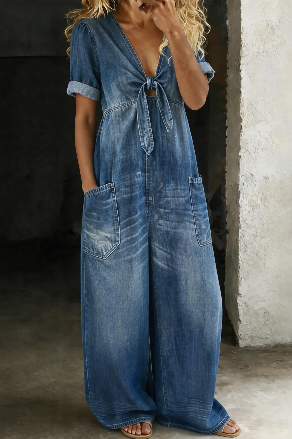 Combinaison courte Danoir Paris Maya à manches courtes et col en V, vêtement bleu pour femme.