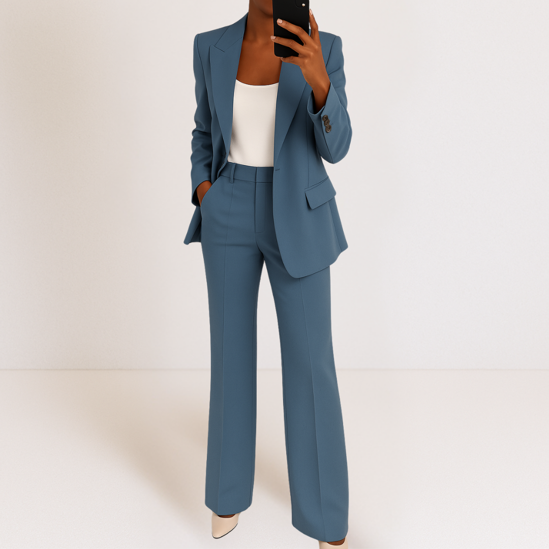 Ensemble chic Melanie de Danoir Paris en bleu, complet avec haut et pantalon élégants, porté par un mannequin.
