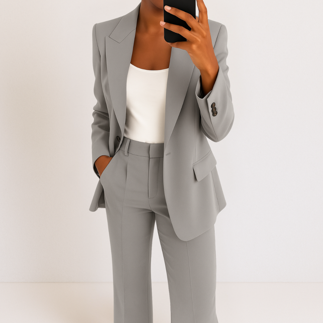 Ensemble chic Melanie de Danoir Paris en tissu bleu, comprenant une veste et une jupe élégantes, porté sur mannequin.