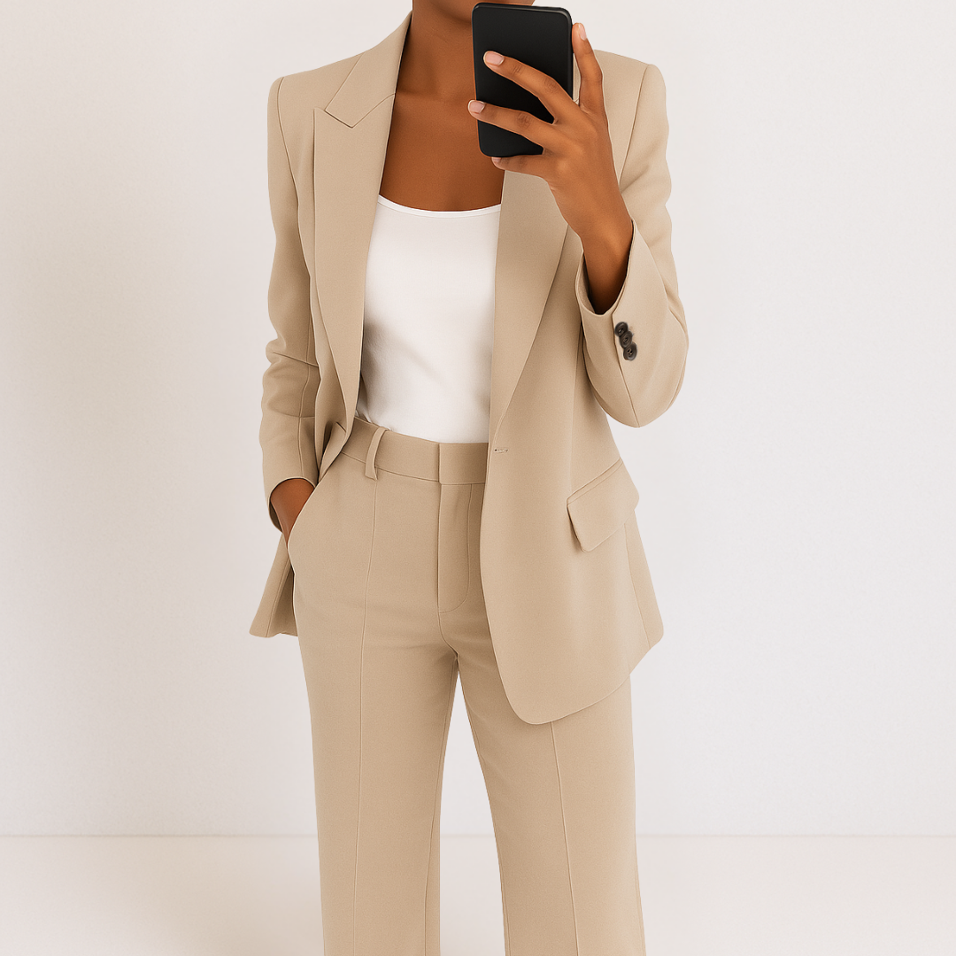 Ensemble chic Melanie de Danoir Paris en tissu bleu, comprenant un haut élégant et un pantalon assorti, vue de face.