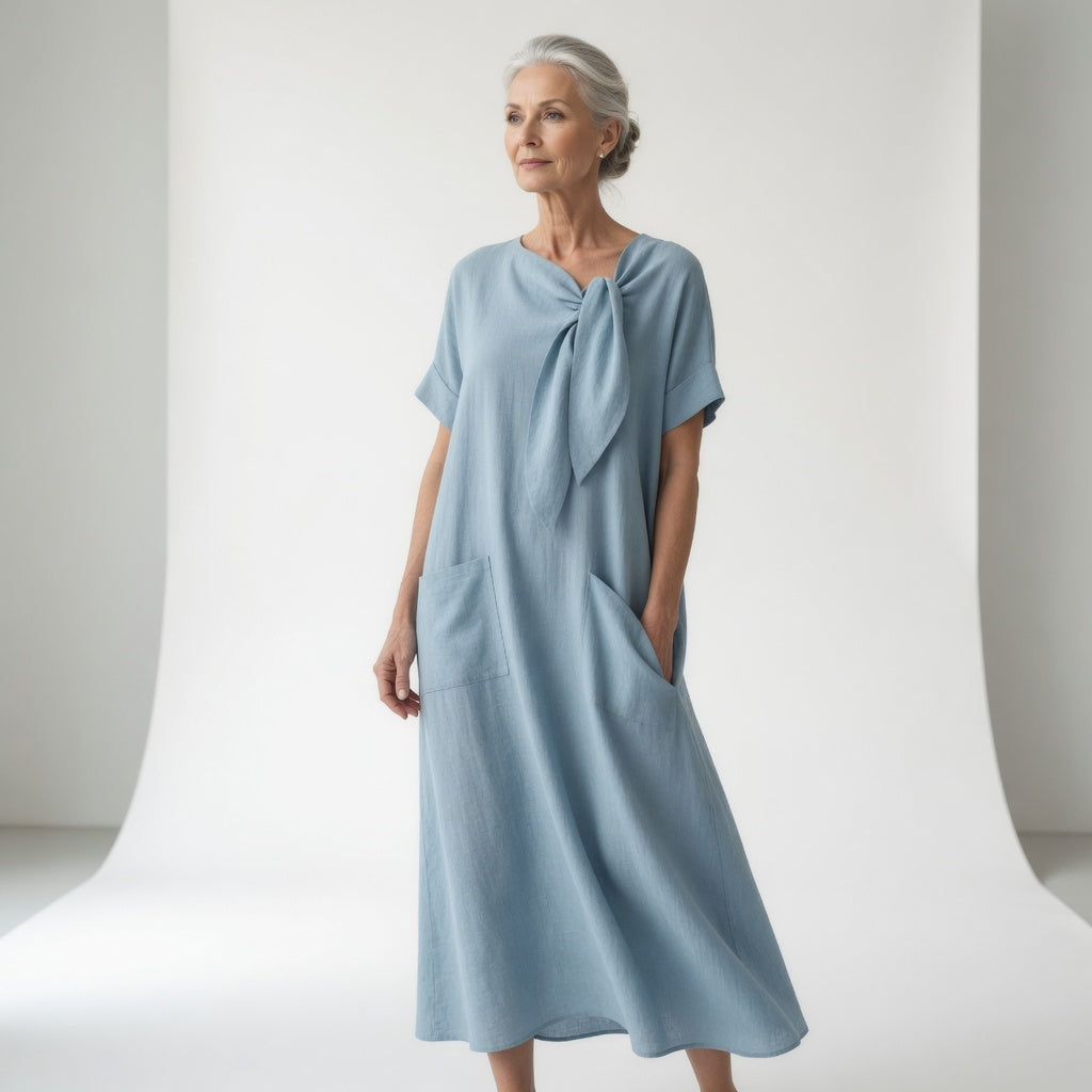 Robe en coton fluide et estivale Mireille™ de Danoir Paris, couleur bleue, avec détails élégants, portée sur mannequin.