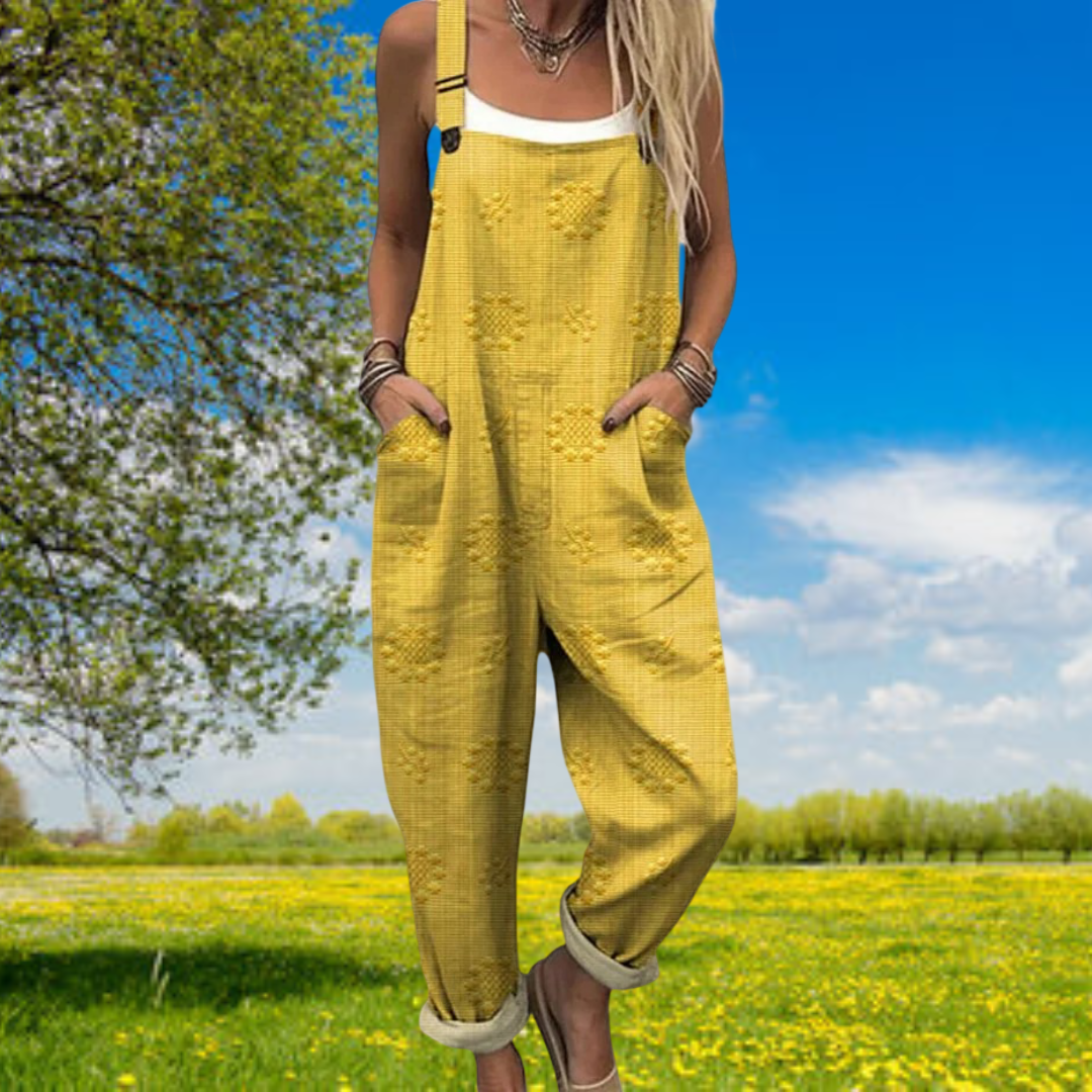 Combinaison vintage décontractée Pauline de Danoir Paris, en tissu bleu, style confortable et tendance pour femmes.