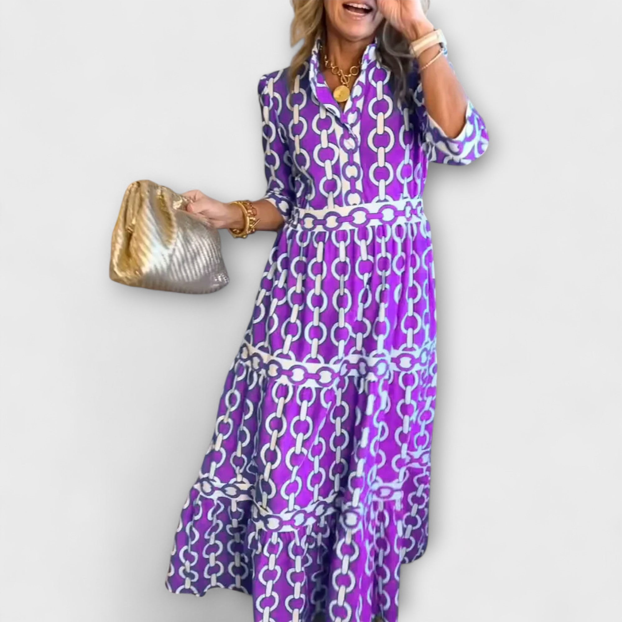 Robe midi Sophia de Danoir Paris avec motif chaîne bleu, tissu fluide et style élégant, vue de face.