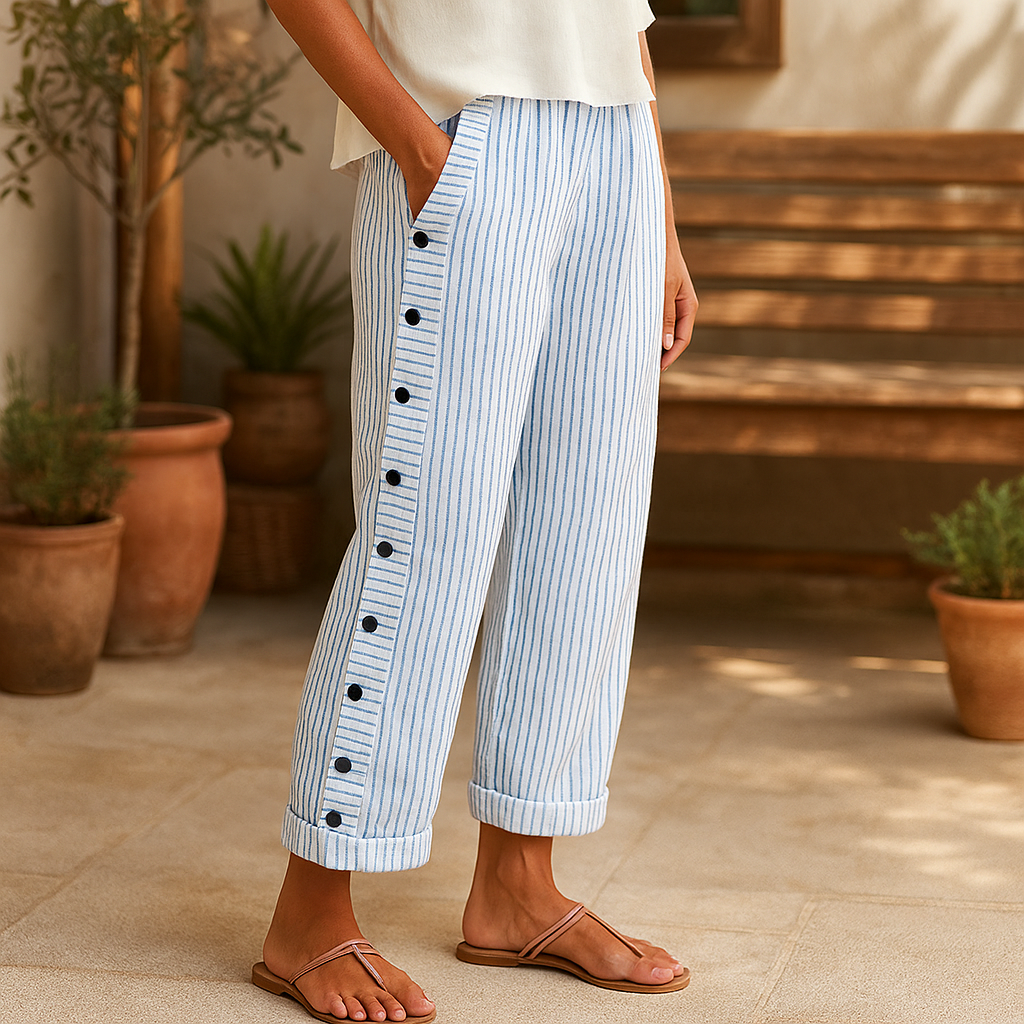Pantalon en lin léger Dagny de Danoir Paris de couleur bleue, coupe ajustée, tissu léger pour un style décontracté et confortable.