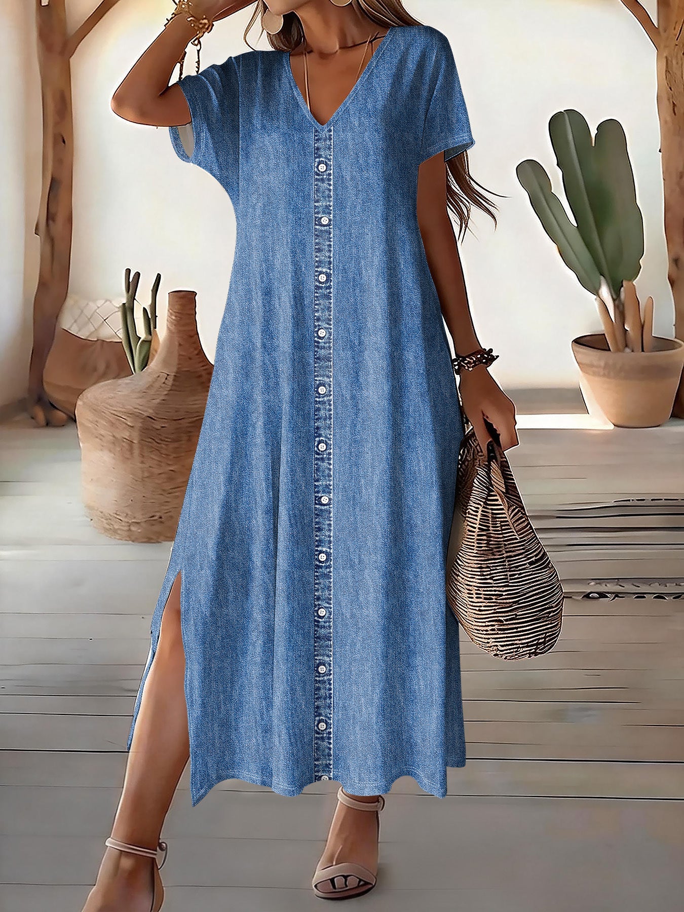 Robe rétro en denim Danoir Paris, élégante robe longue avec détails vintage, portée par un mannequin.