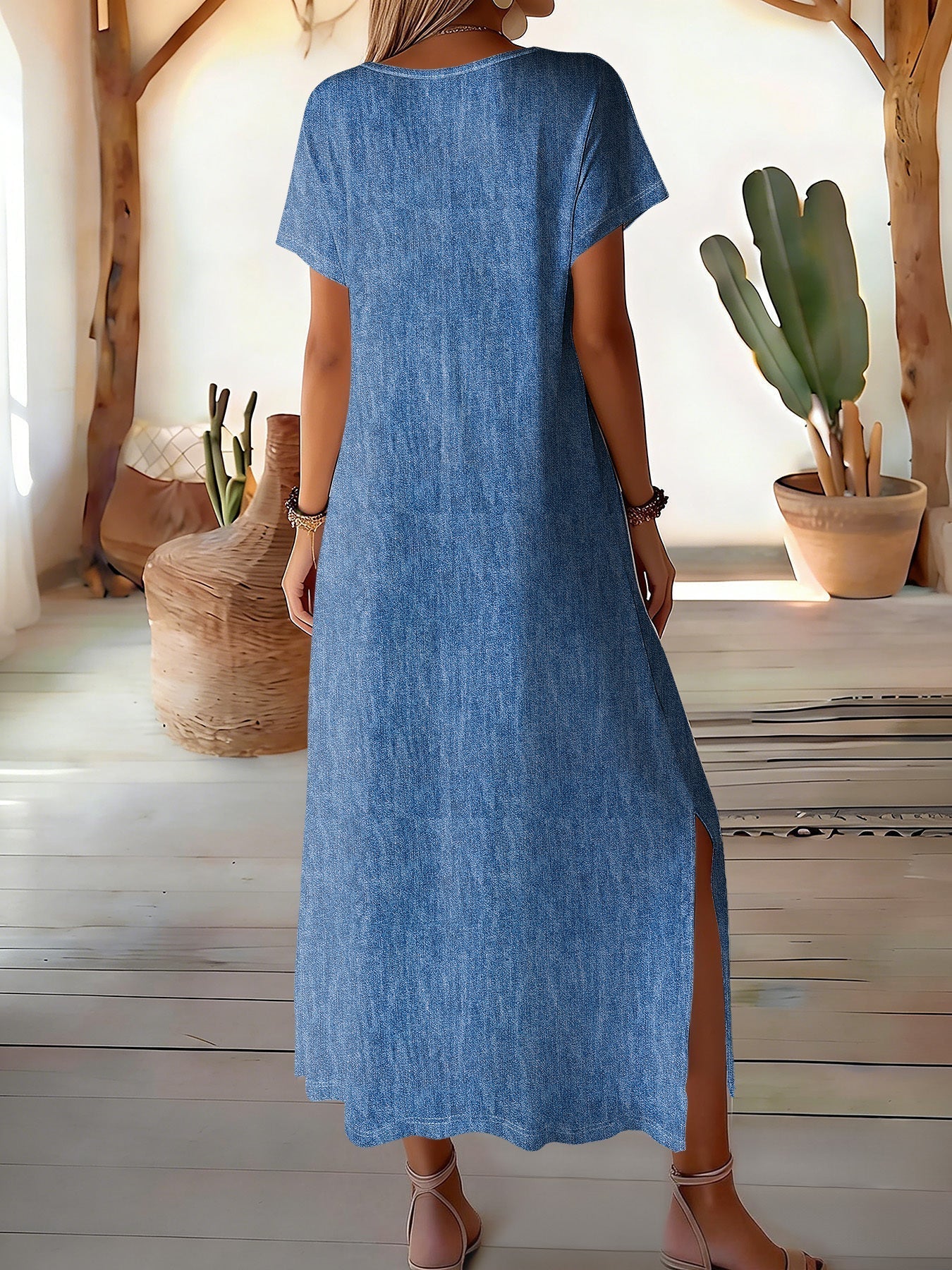 Robe rétro en denim Helen de Danoir Paris, coupe élégante, manches courtes et détail en denim, portée sur mannequin.