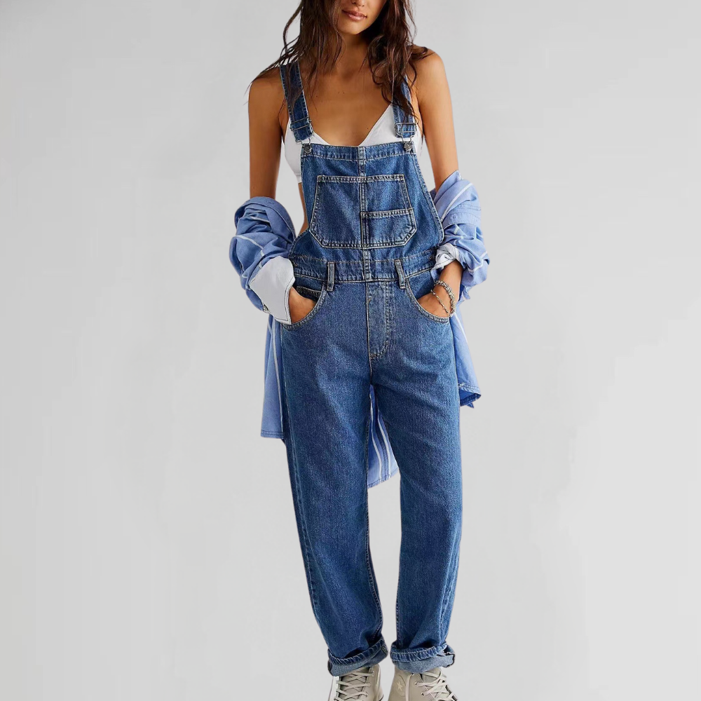 Combinaison en denim urbaine Jacqui de Danoir Paris, couleur bleue, tissu léger, portée décontractée, taille XS.