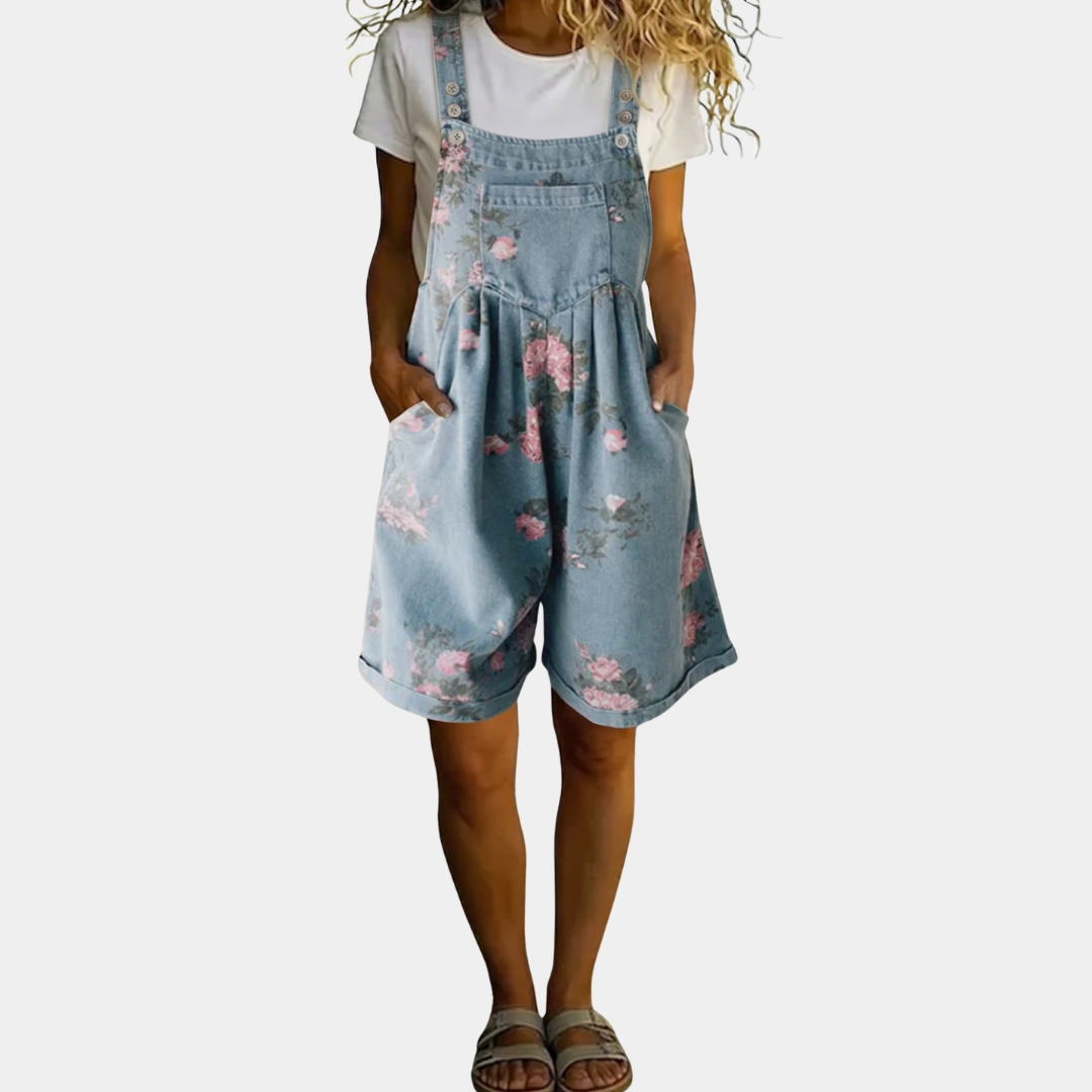 Salopette en denim vintage à fleurs Judy de Danoir Paris, coupe douce, détails floraux, style rétro pour femme.