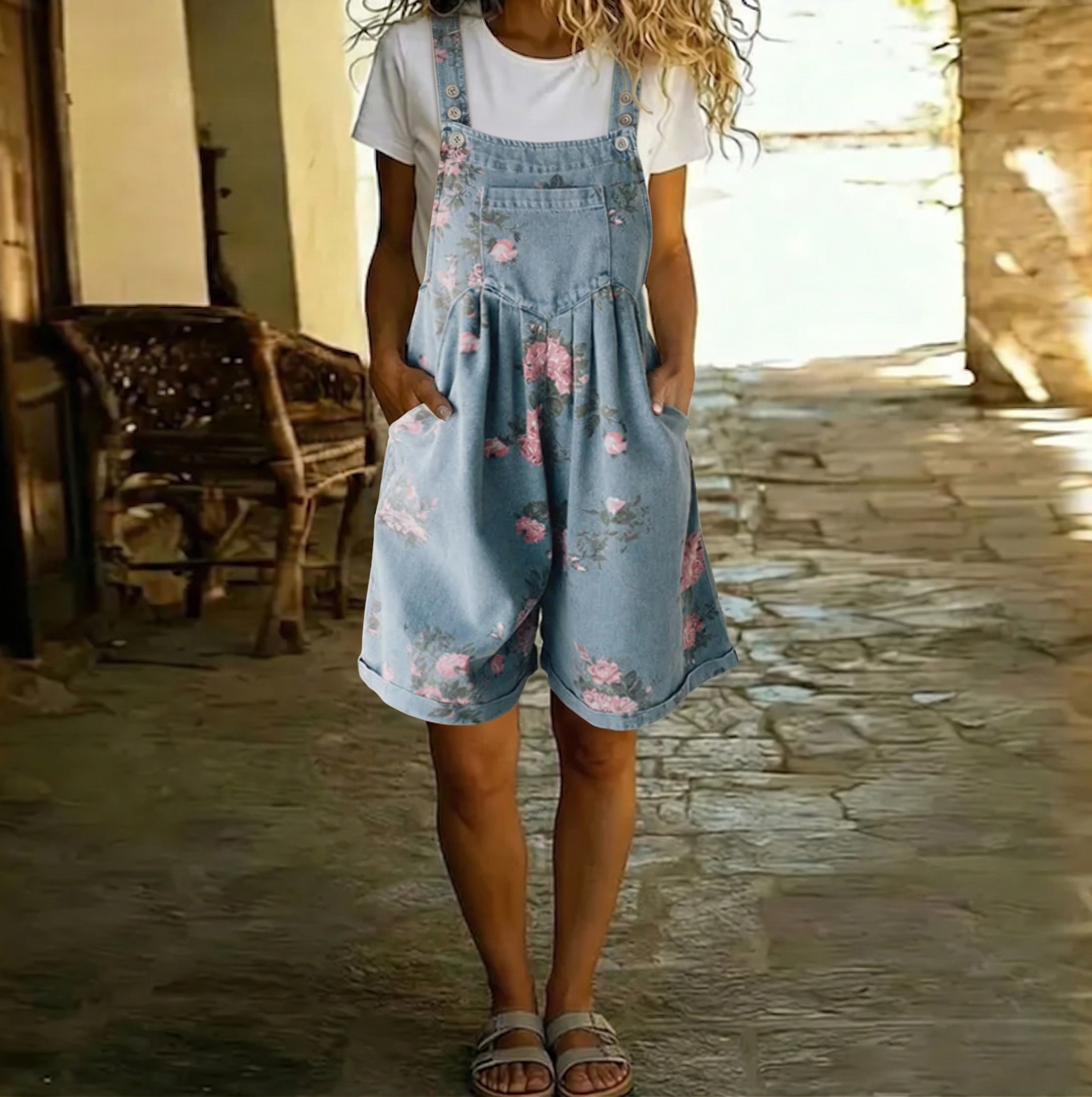Salopette en denim vintage à fleurs douces Judy de Danoir Paris, pantalon bleu avec motifs floraux délicats.