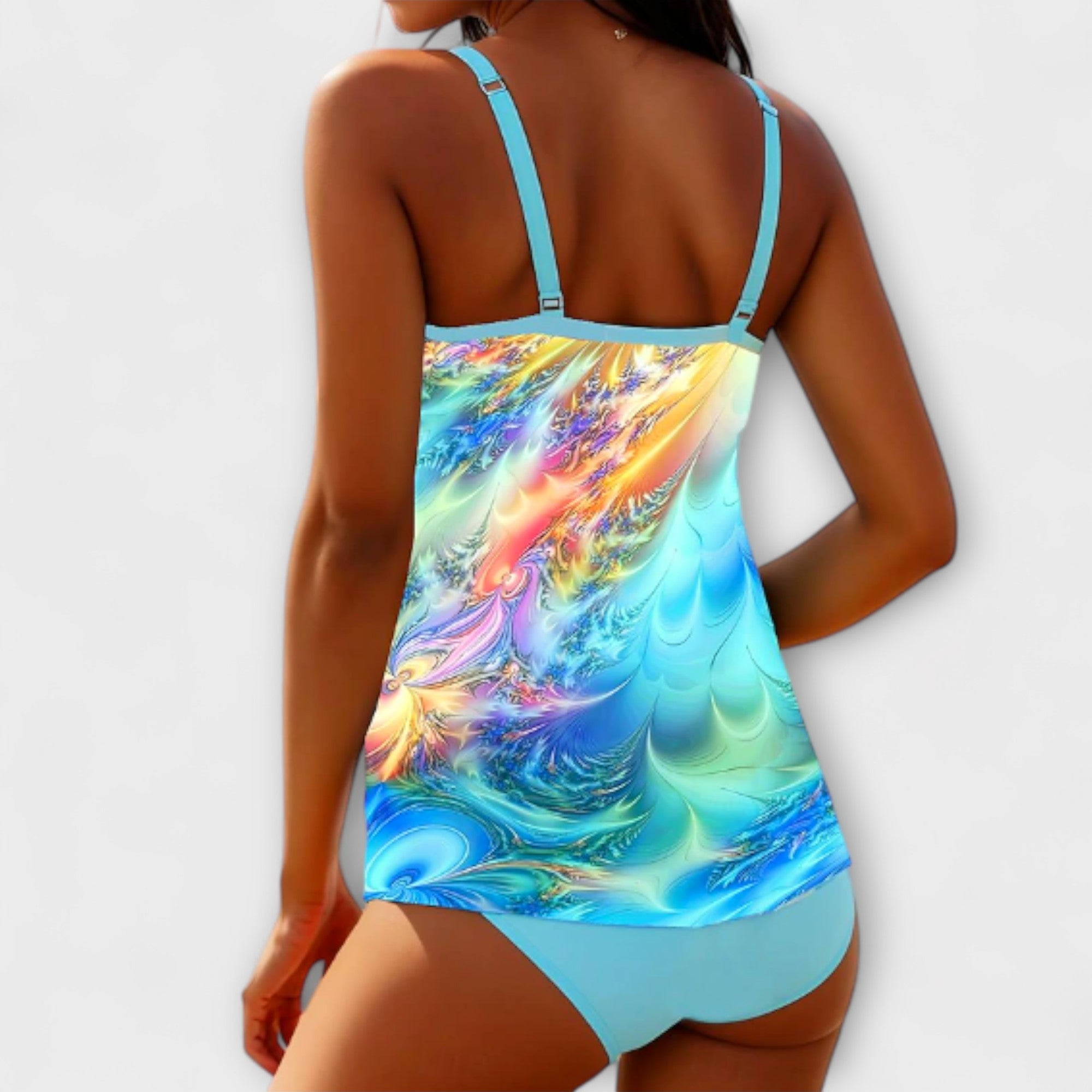 Ensemble Tankini Patrizia de Danoir Paris en tissu bleu, avec haut et bas assortis, pour maillot de bain élégant et confortable.