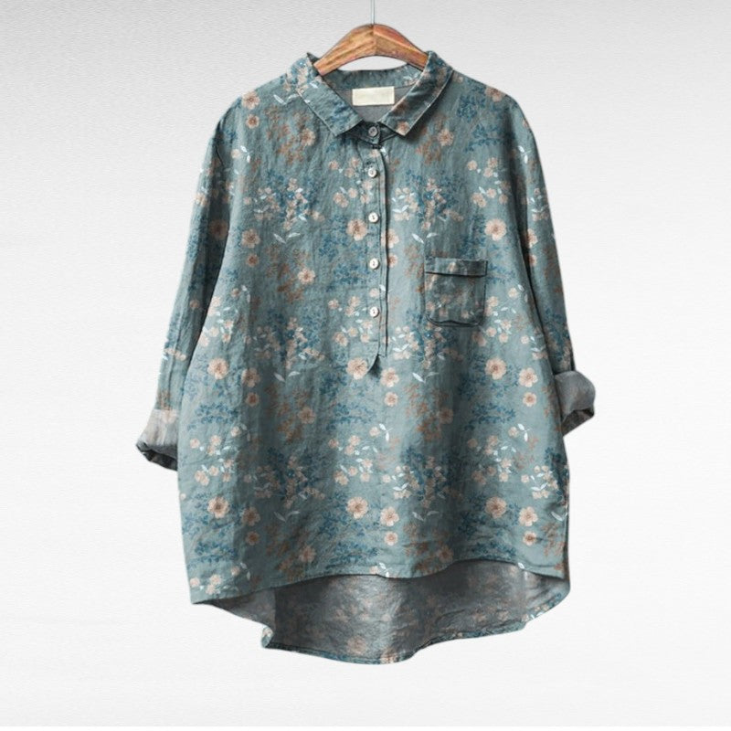 Blouse florale artistique Danoir Paris, tissu léger avec imprimé floral coloré, vue de face.
