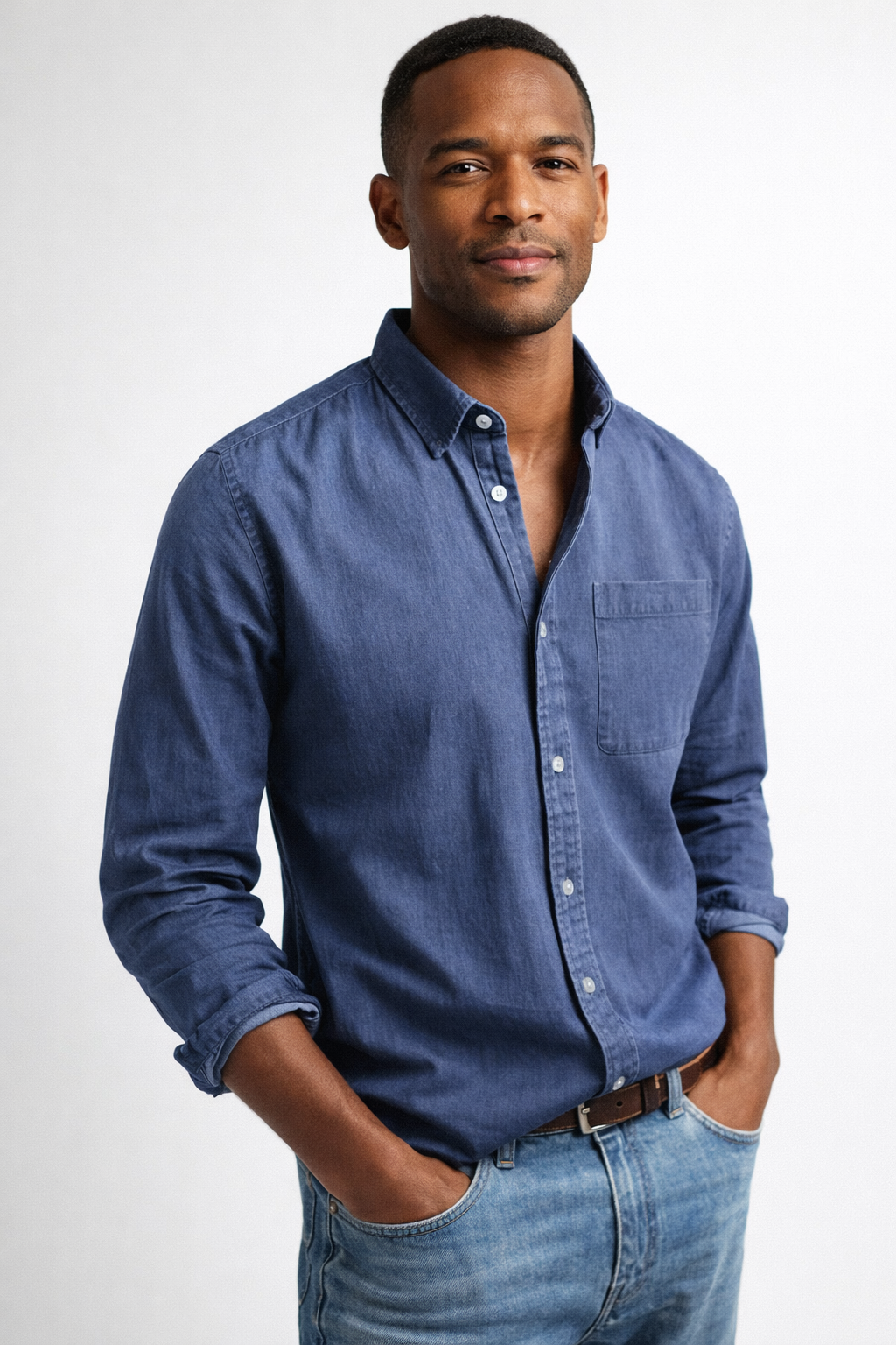 Chemise casual-chic Danoir Paris Keldros en denim bleu, manche longue et coupe moderne, visible en image.