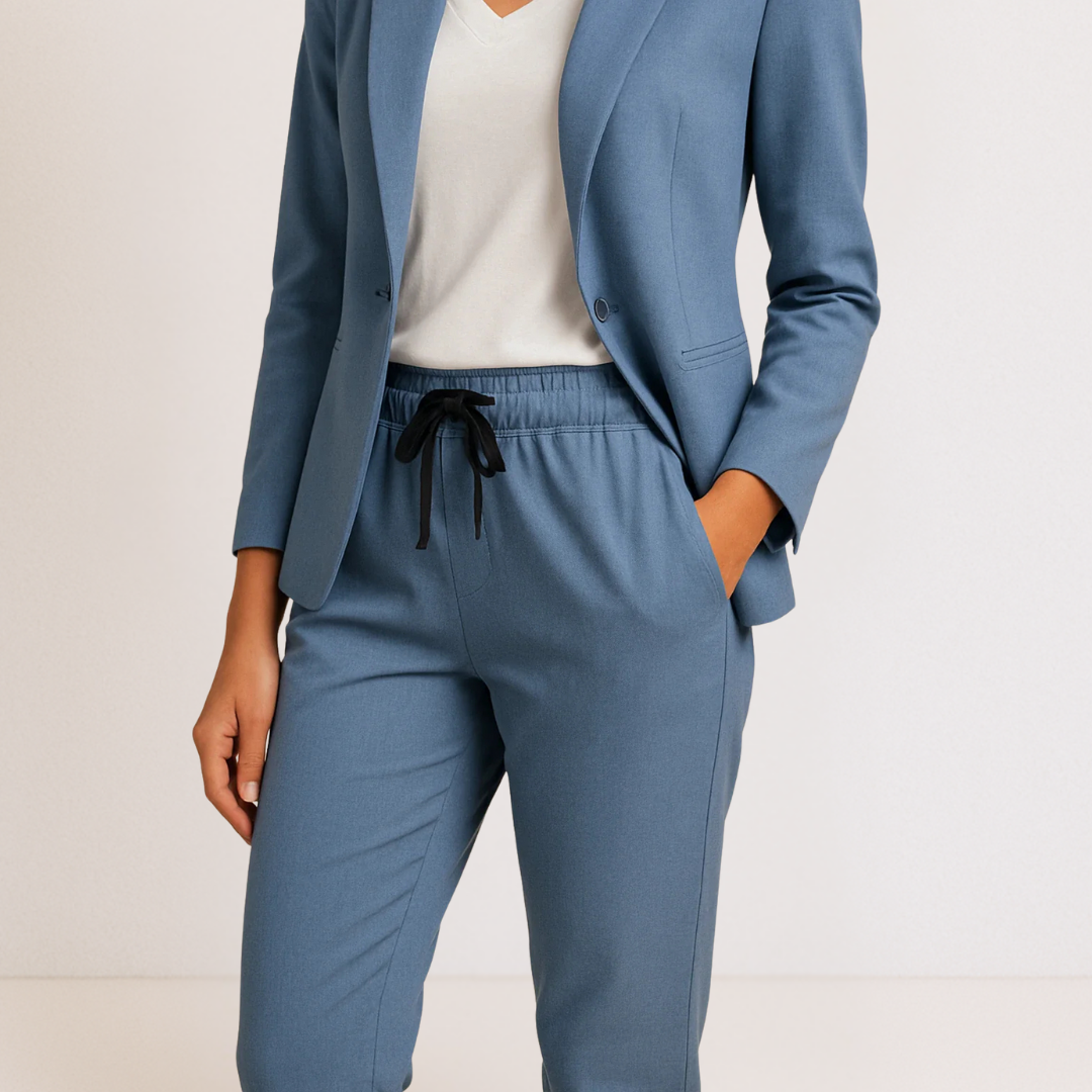 Ensemble confortable Monique Danoir Paris, élégance moderne en coton doux, porté par un mannequin dans un environnement neutre.