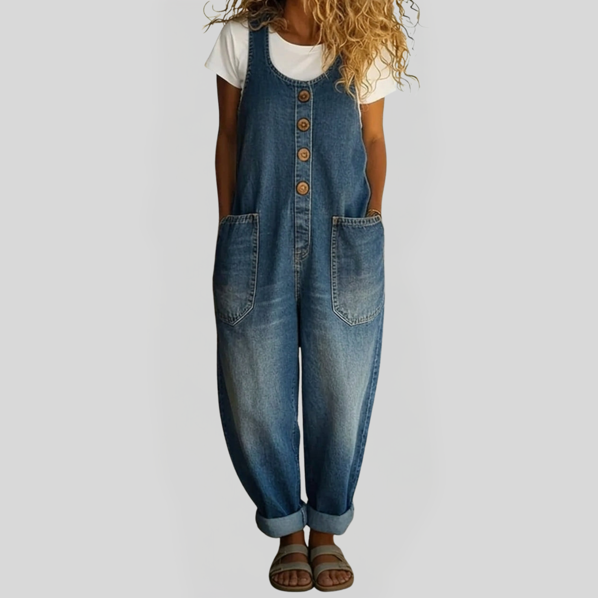 Tuta in denim di cotone vintage Lenna di Danoir Paris, vestibilità comoda e stile retrò, vista frontale.