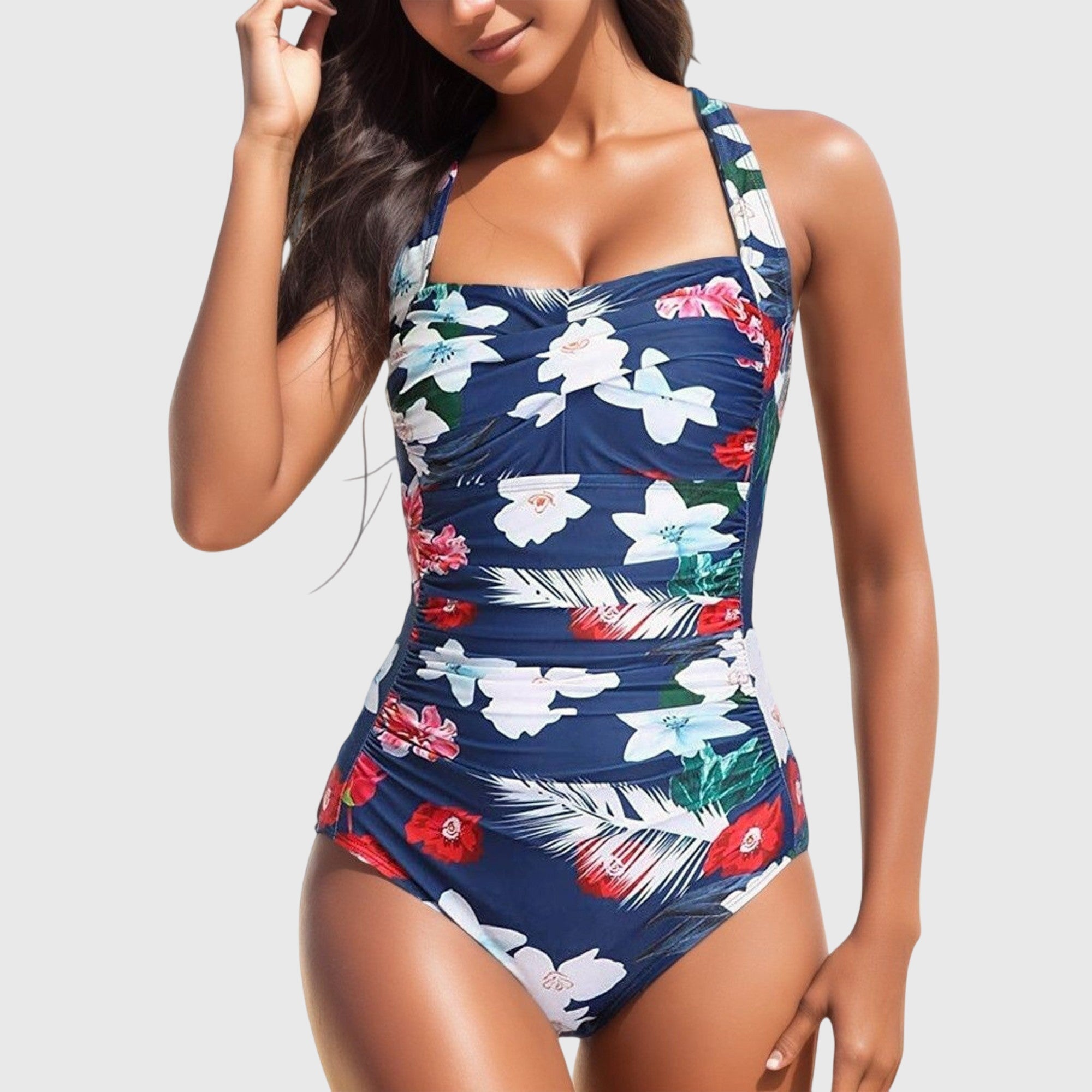 Maillot de bain une pièce Lina de Danoir Paris en bleu et rose, taille XS, porté par un mannequin.
