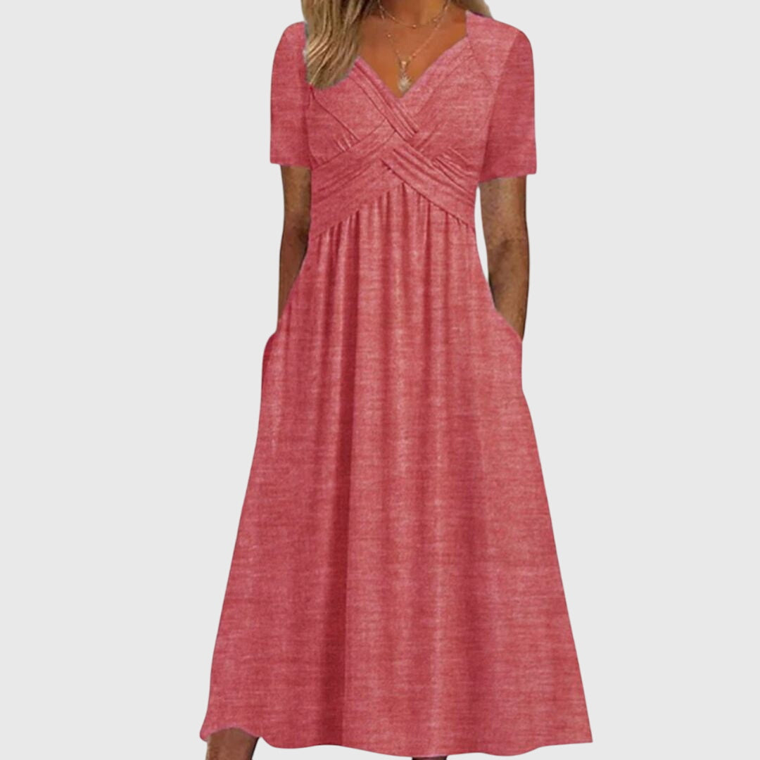 Robe Amanda de Danoir Paris, élégante et flatteuse, en tissu bleu, vue de face sur mannequin.