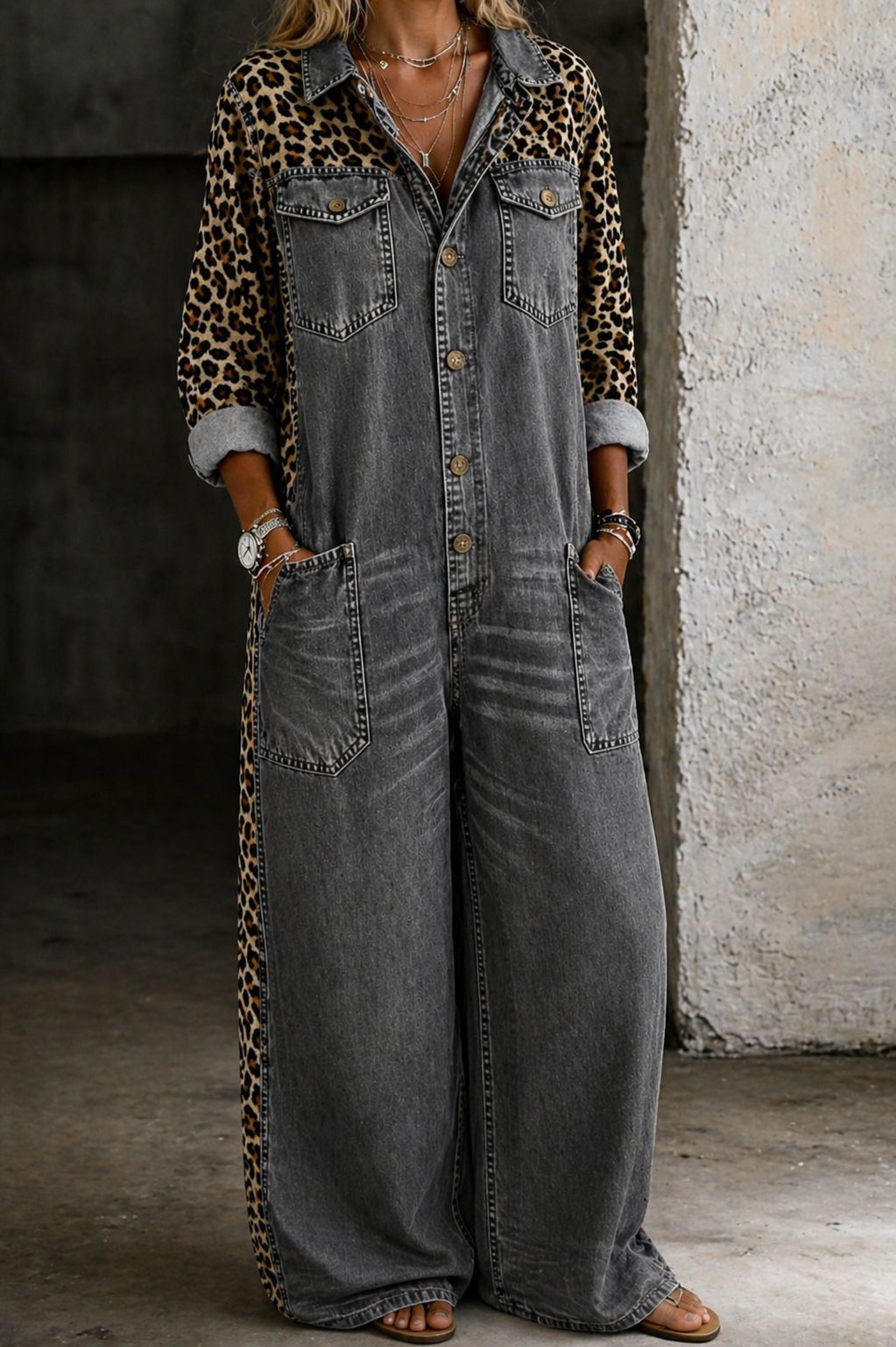 Combinaison en denim Amanda de Danoir Paris, chemise-pantalon bleue avec manches longues et coupe décontractée.