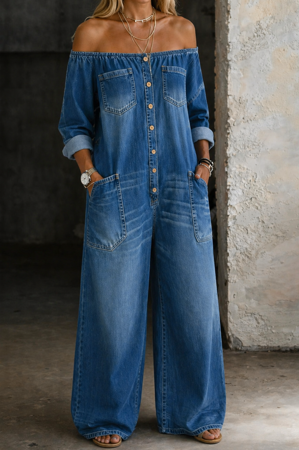 Combinaison longue bleu Danoir Paris Elena à manches longues et décolleté en off-shoulder, élégante et tendance.