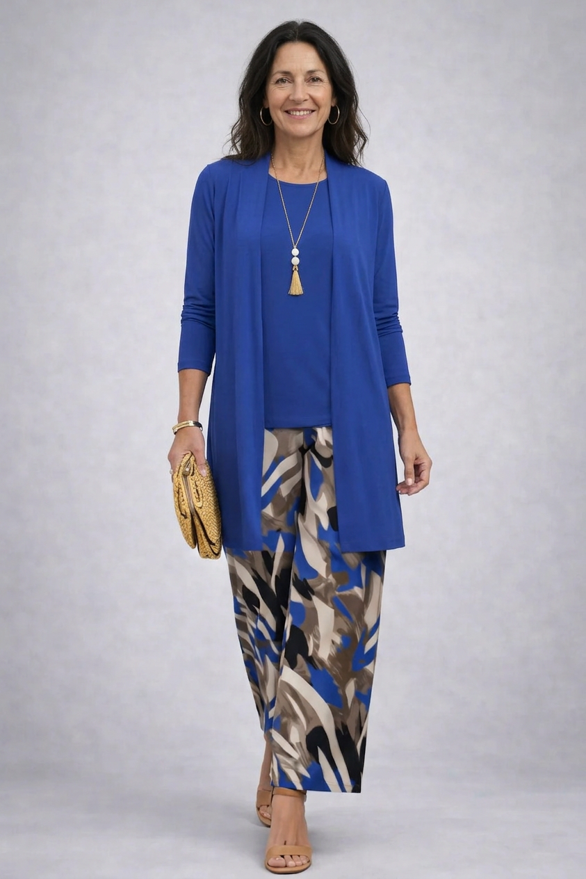 Ensemble de 3 pièces Fleurette de Danoir Paris, sous-vêtements en bleu avec motifs floraux, vue de face.