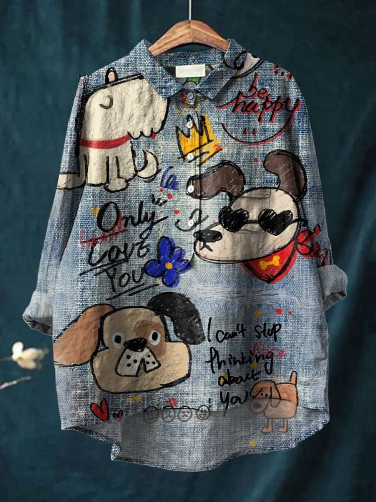 T-shirt bleu Danoir Paris Mia avec motif de chien Doodle, taille S, en coton doux, pour un style décontracté et mignon.