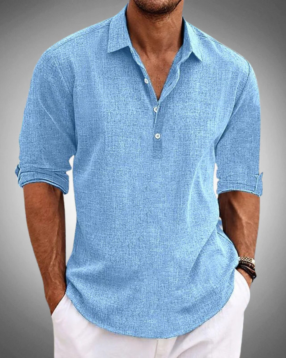 Chemise en coton bleue Danoir Paris Sabbio Classic, vue de face, avec col et boutons visibles.