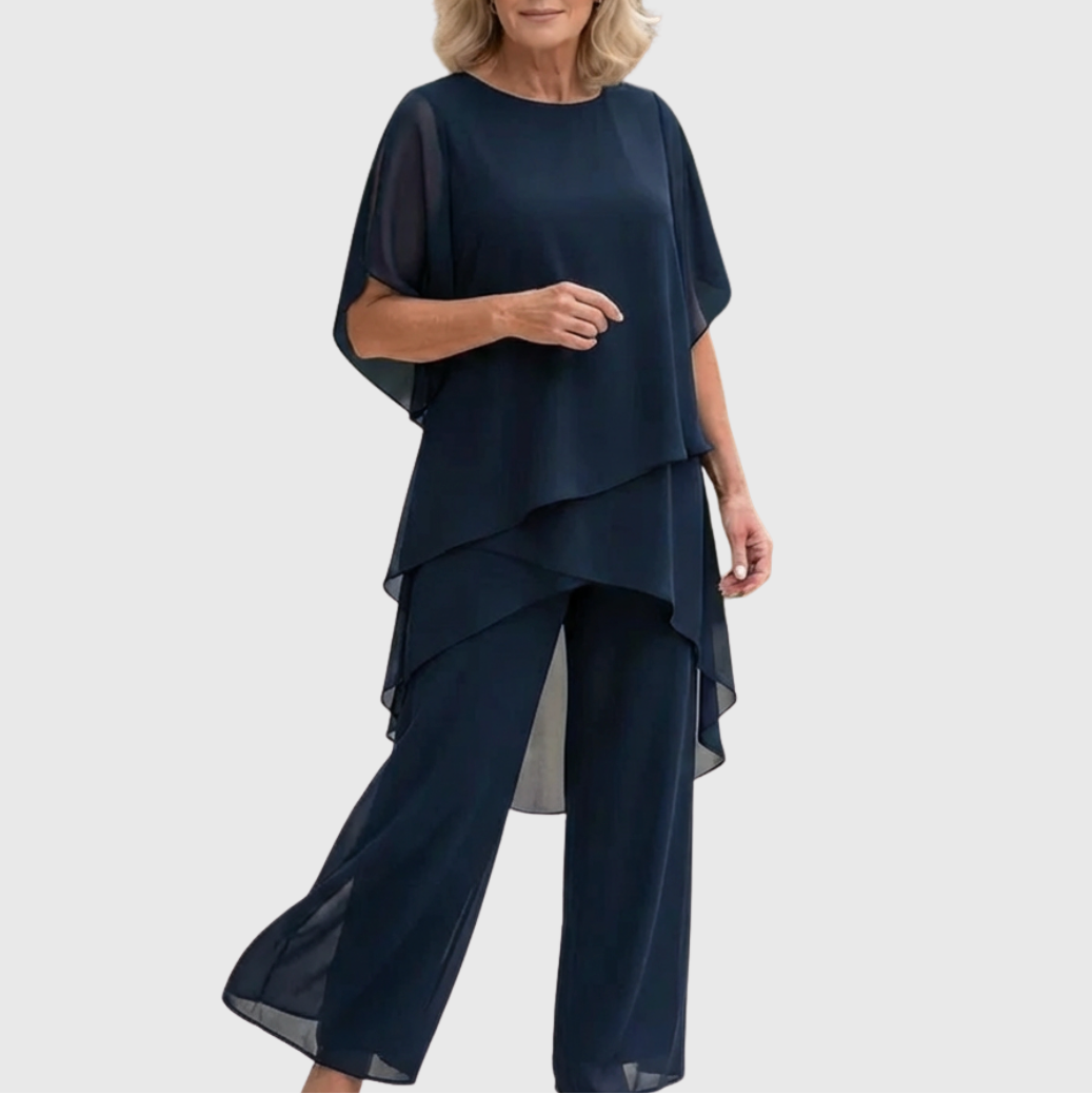 Ensemble palazzo fluide ELARA de Danoir Paris en tissu bleu, élégant et confortable, vue de devant.