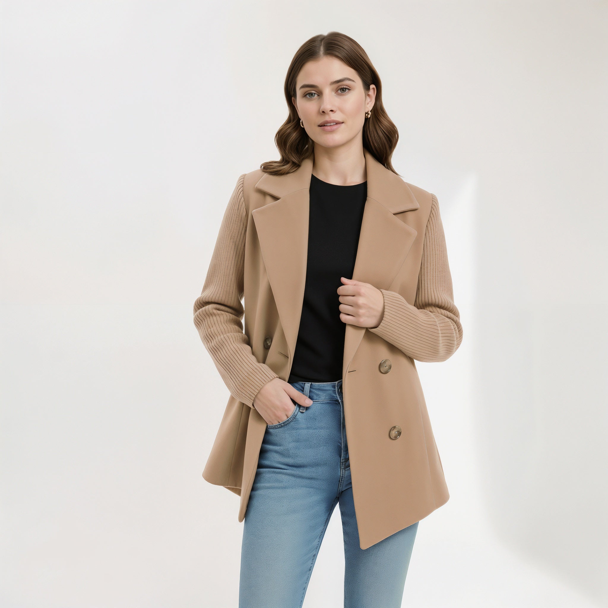 Blazer casual marron Danoir Paris pour femme, coupe élégante, porté en extérieur.