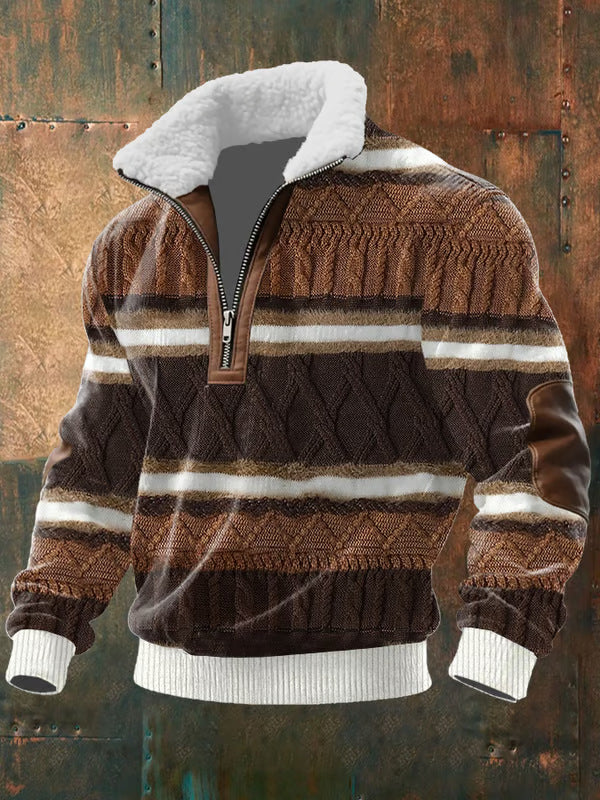 Pull zippé à col montant fourré Danoir Paris en brun rayé, affichant un col haut et un zip visible.