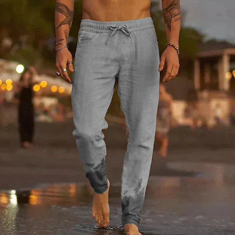 Pantalons de plage en lin Mateo de Danoir Paris, couleur kaki, tissu léger et confortable pour l'été.