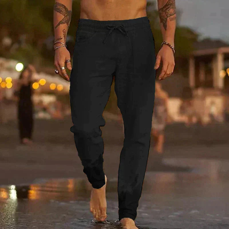 Pantalons de plage en lin Mateo de Danoir Paris, coloris kaki, coupe décontractée, parfaits pour l'été et les activités en plein air.