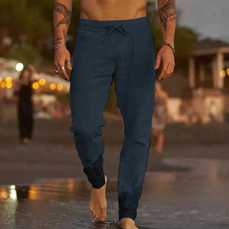 Pantalons de plage en lin Mateo de Danoir Paris, coloris kaki, coupe décontractée, parfait pour l'été.