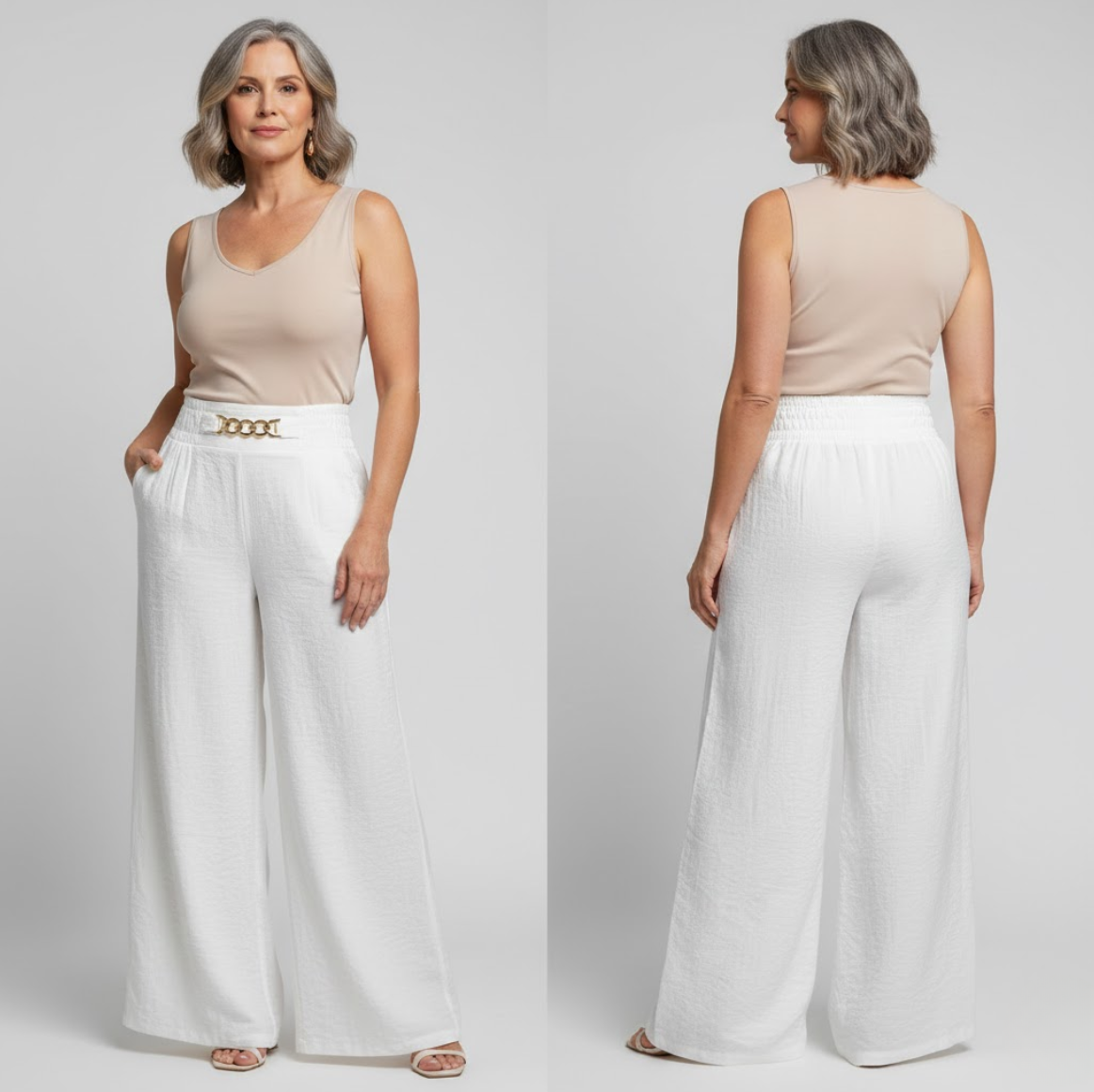 Pantalon large taille haute sculptant Évelyne™ de Danoir Paris, en tissu blanc, vue de face sur un mannequin.