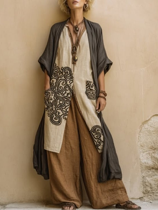 Ensemble d'été boho Suzanne de Danoir Paris, tenue vestimentaire légère gris foncé, composée d'une blouse et d'une jupe.