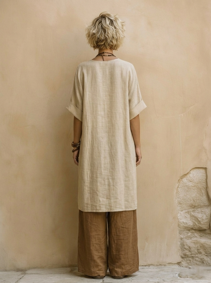 Ensemble d'été bohème Suzanne de Danoir Paris composé d'un haut et d'un pantalon gris foncé, parfait pour la saison estivale.