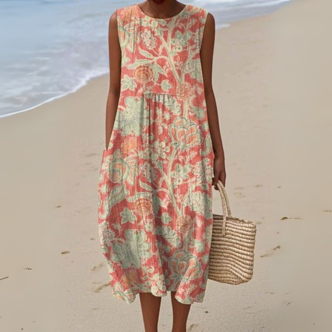 Robe vintage à fleurs Ellis de Danoir Paris, col rond sans manches, design élégant et floral en tissu léger.