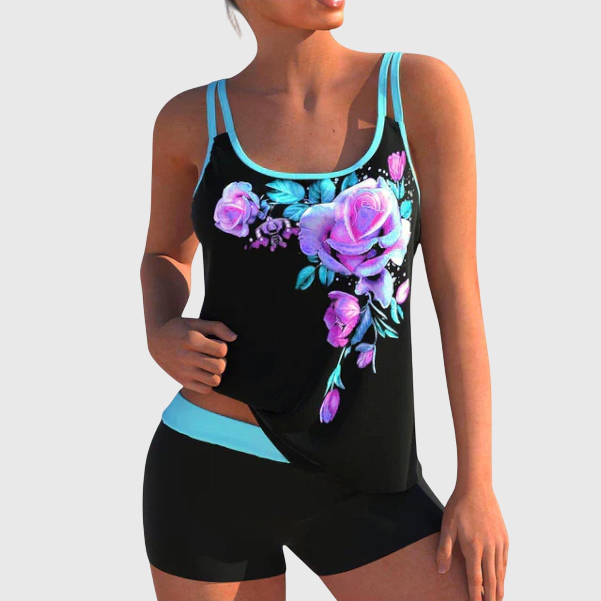 Tankini fleuri Danoir Paris avec short, effet ventre plat, idéal pour maillots de bain deux pièces confortables et élégants.