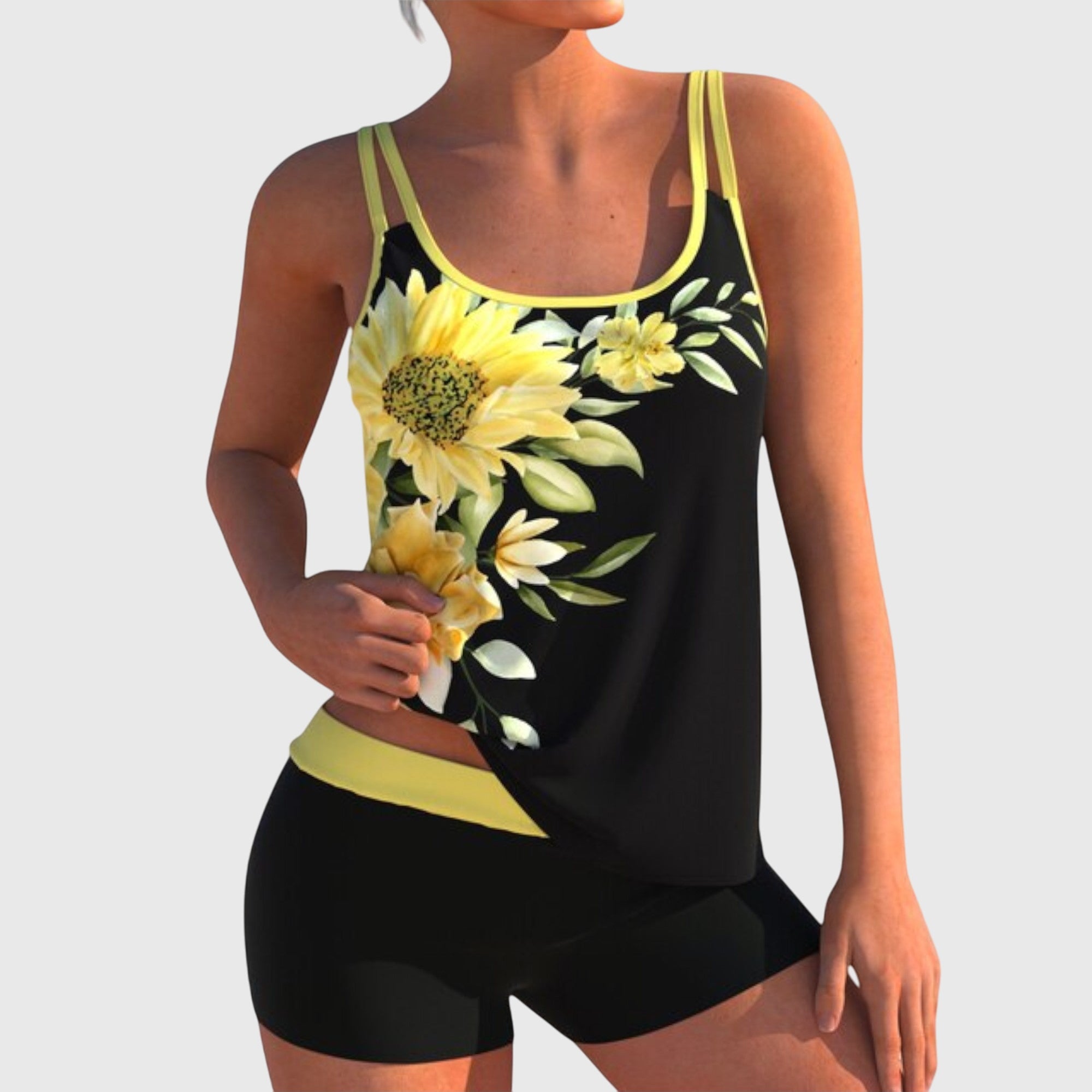 Tankini fleuri Danoir Paris avec short, effet ventre plat, maillot de bain deux pièces pour femme, look tendance et confortable.