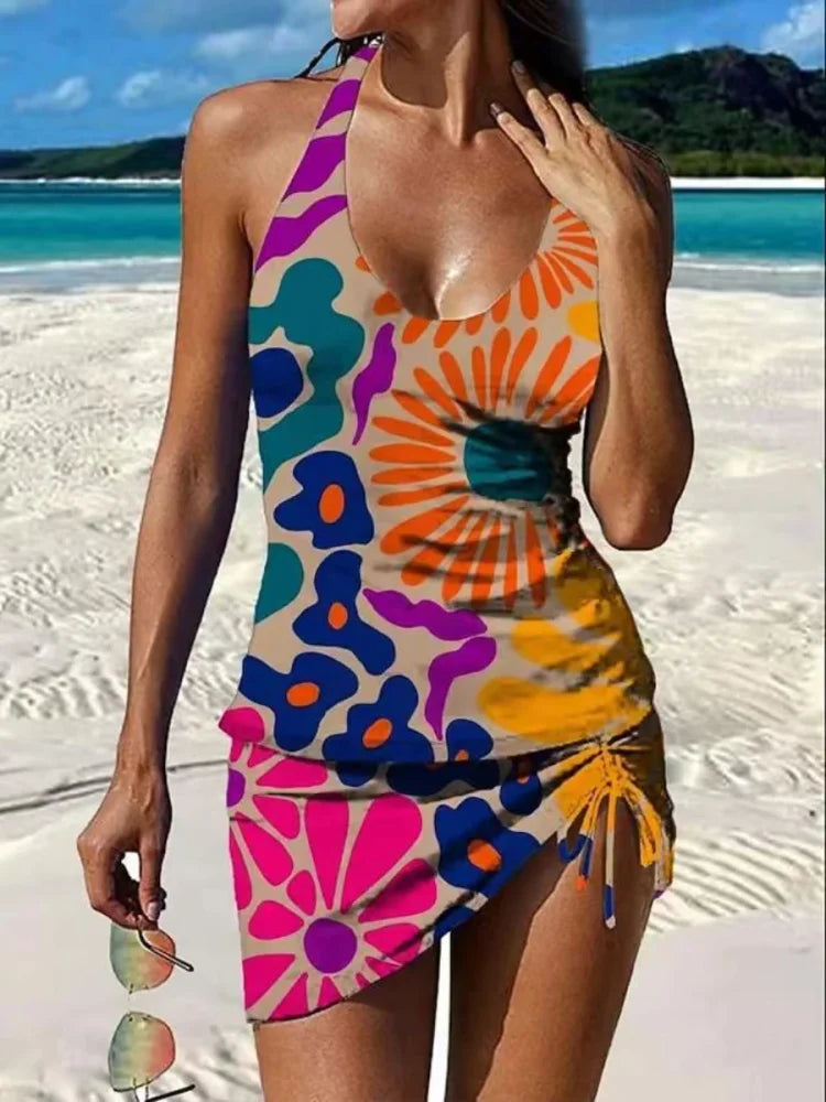 Tankini graphique floral orange avec shorts, effet amincissant, marque Danoir Paris, pour maillot de bain élégant et confortable.