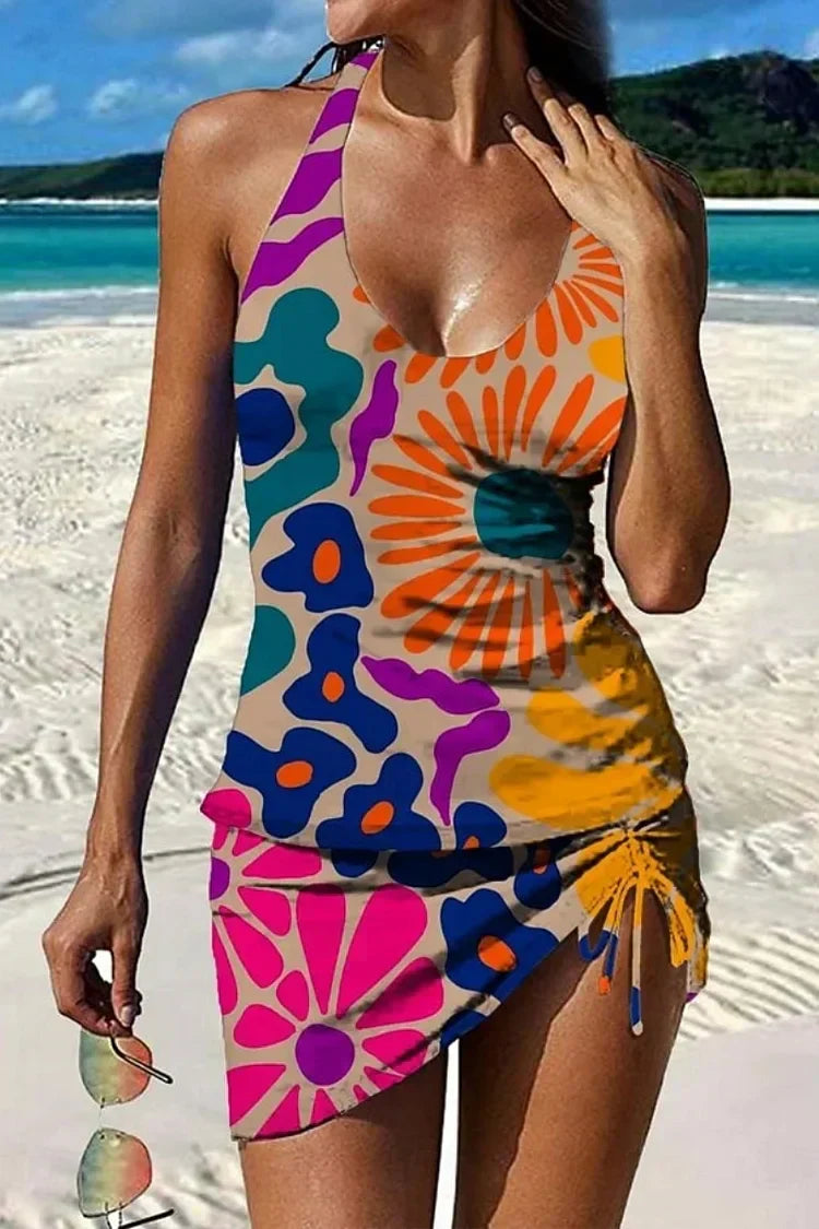 Tankini graphique fleuri Danoir Paris avec short, effet ventre plat, costume de bain deux pièces pour femmes, style élégant et confortable.