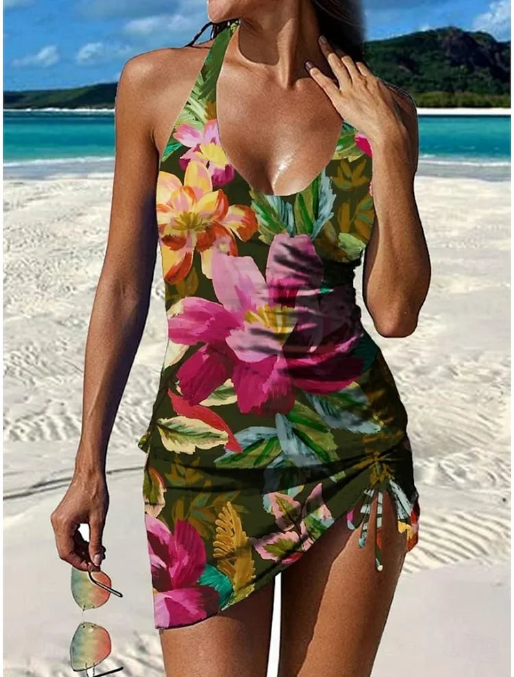 Tankini graphique floral orange Danoir Paris avec short, effet ventre plat, pour une silhouette élégante et confortable.