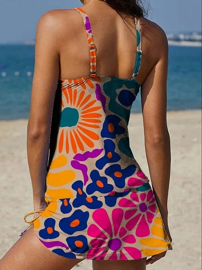 Tankini graphique fleuri orange Danoir Paris avec short, effet ventre plat, ensemble de maillot de bain élégant et confortable.