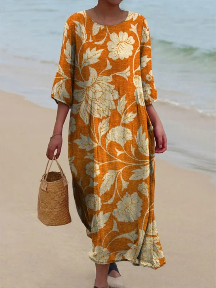 Robe vintage à fleurs Esme de Danoir Paris, couleur crème avec motif floral, vue de face sur mannequin.