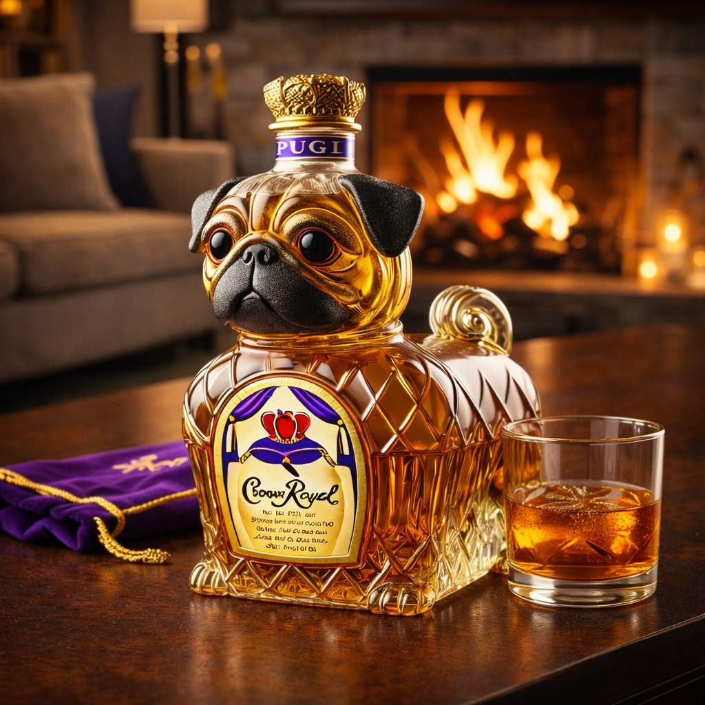 Carafe à whisky Danoir Paris, édition Bouledogue français, en verre transparent avec motif de bouledogue français sculpté.