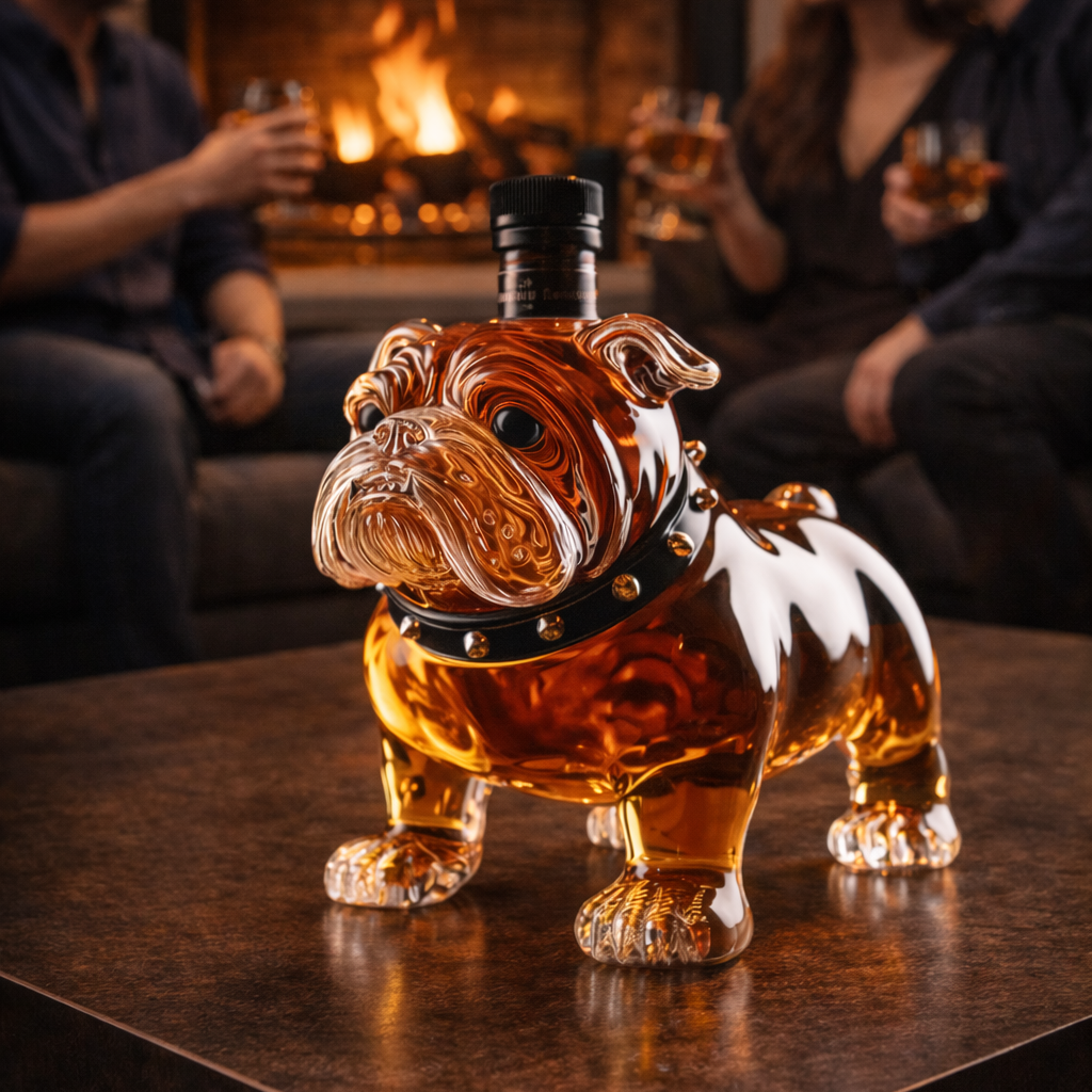 Carafe à whisky Danoir Paris Édition Bulldog en verre transparent avec bouchon, design élégant et détaillé.