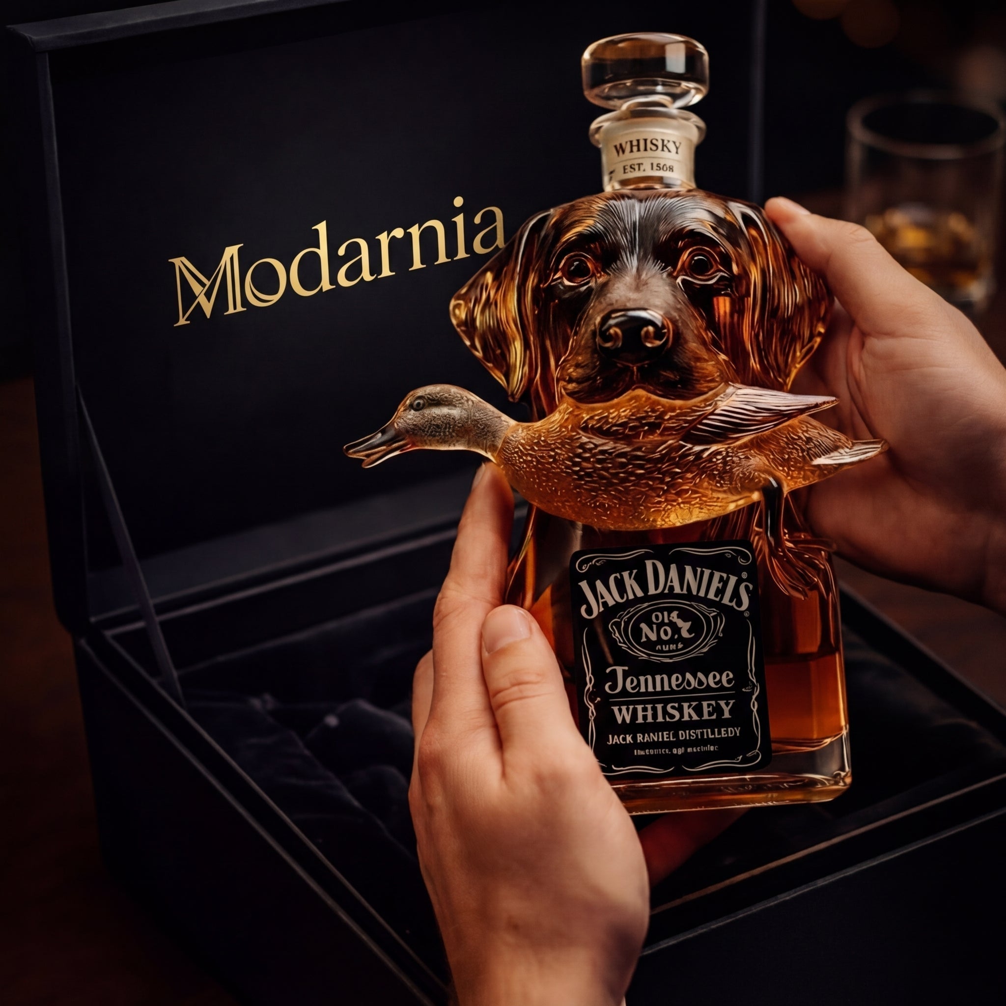 Carafe à whisky Danoir Paris Édition Canard Sauvage en verre avec bouchon, décoration élégante pour whisky.