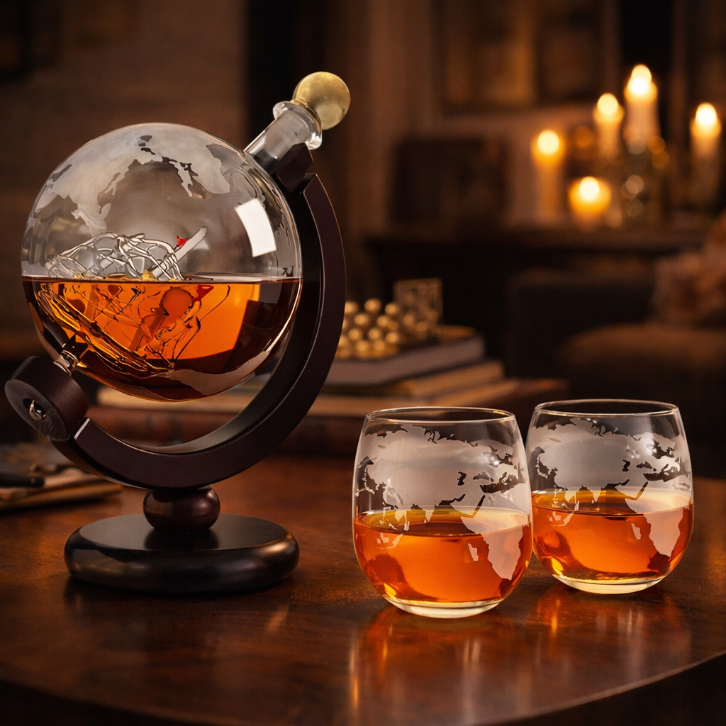 Carafe à whisky Danoir Paris Édition Carte du Monde en verre avec motif de carte géographique, élégante et design.