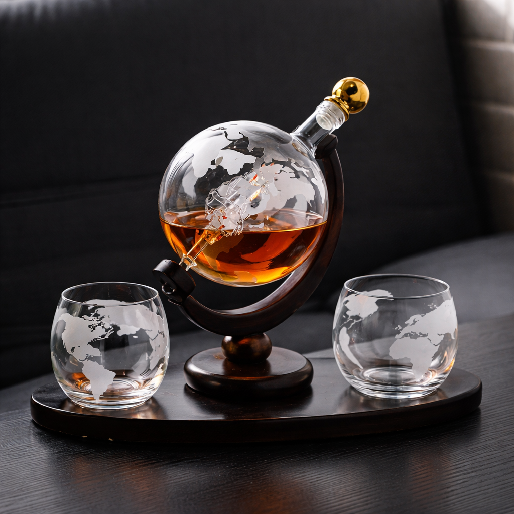 Carafe à whisky Danoir Paris, édition Carte du monde, en verre avec décoration cartographique visible.